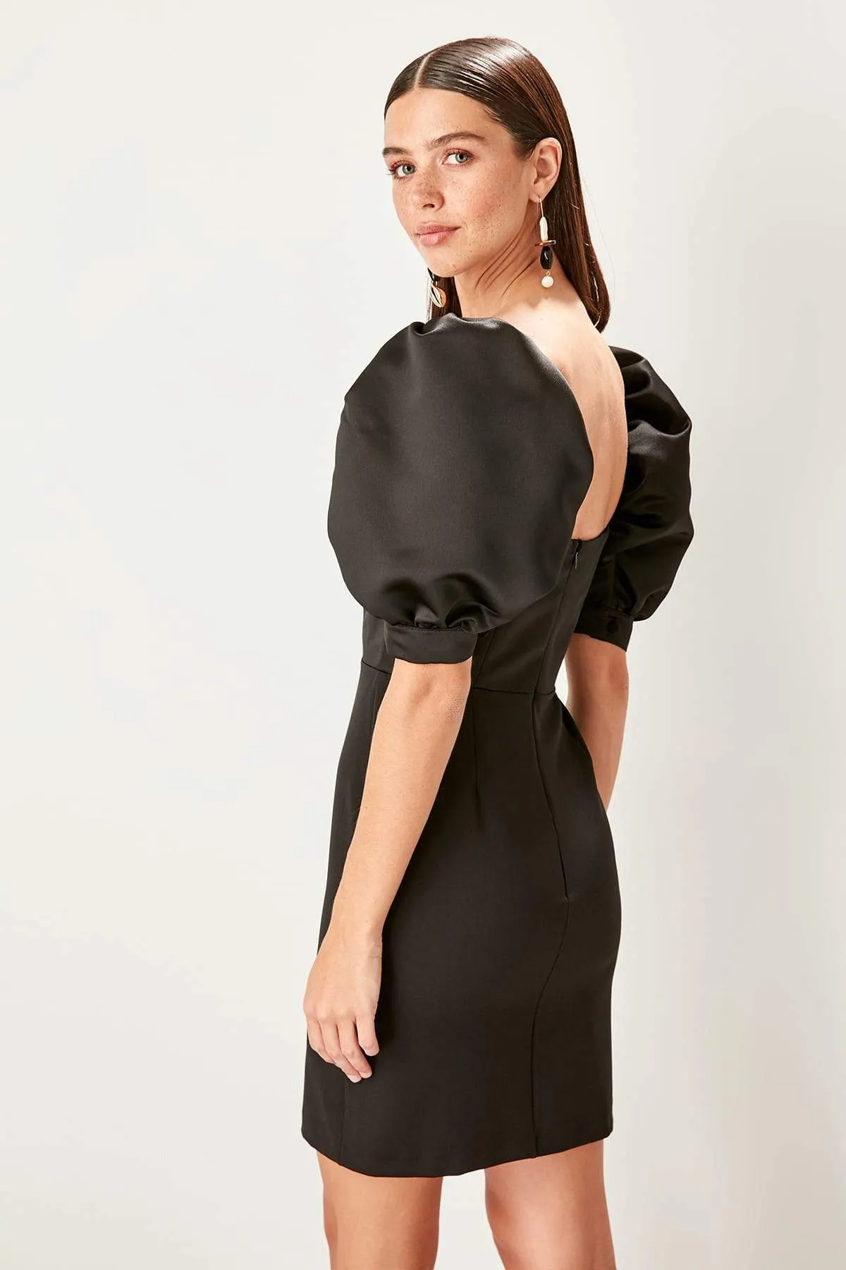 10853 Black Puff Sleeve Pencil Dress