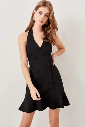 10860 Black Double-Breasted Halterneck Dress