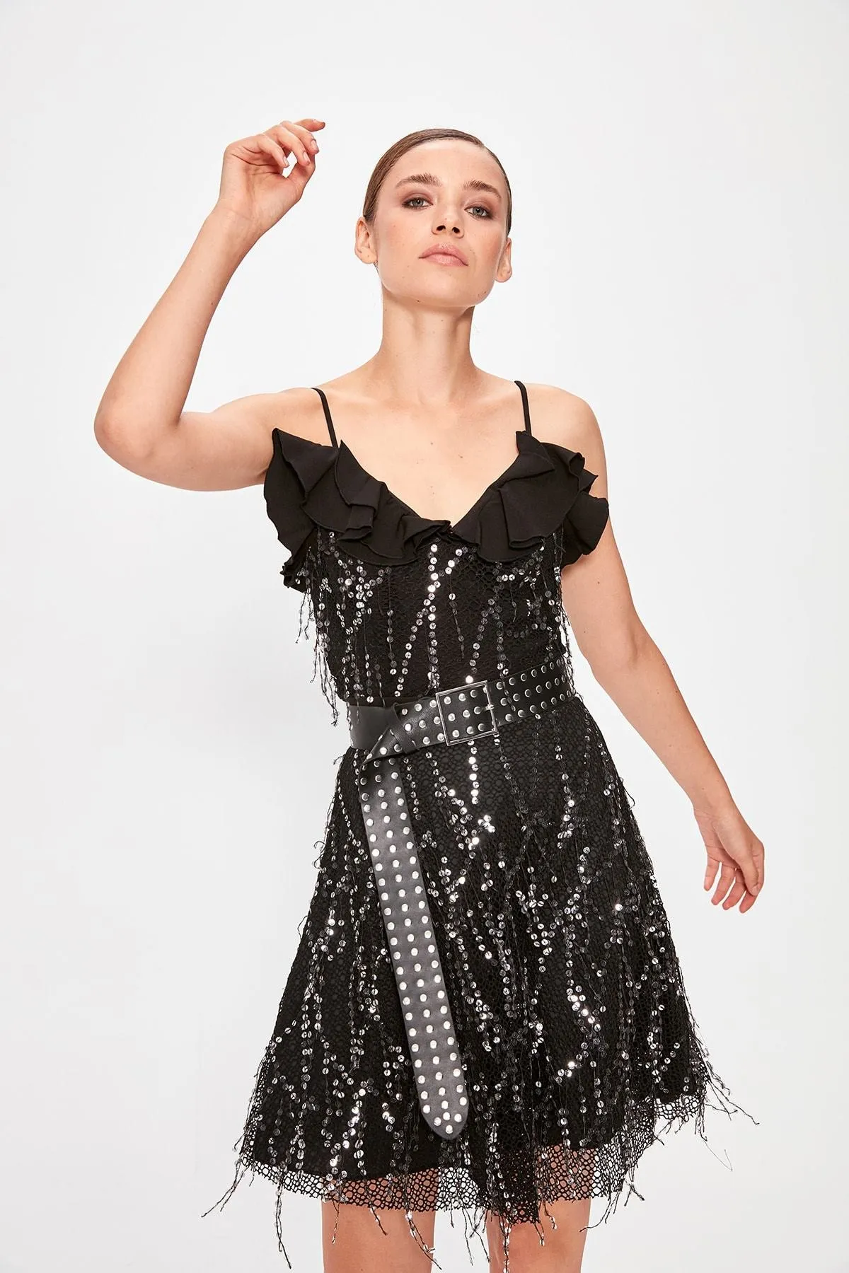 10862 Black Sequinned Mesh Strap Dress