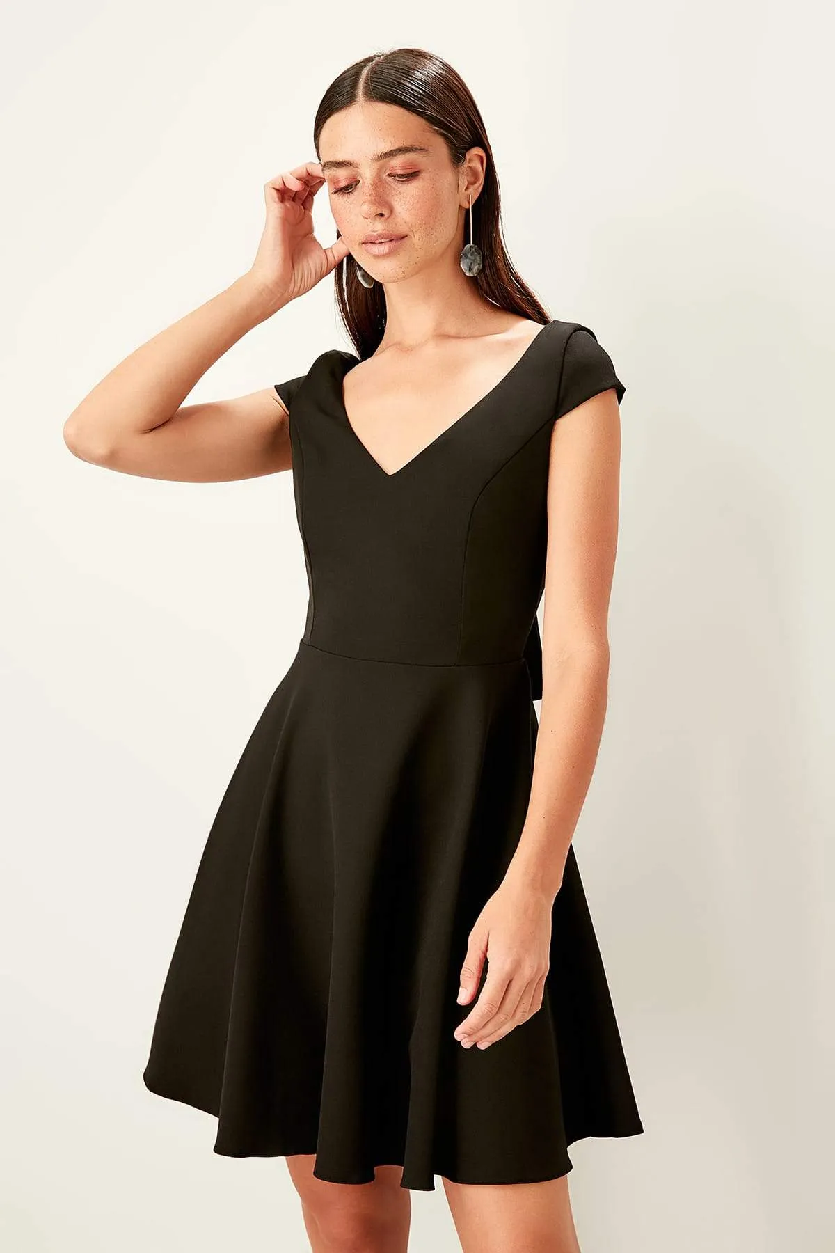 10865 Black Open Back Skater Dress