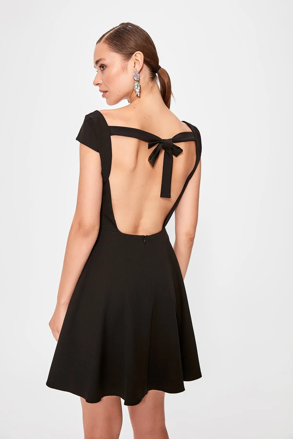 10865 Black Open Back Skater Dress