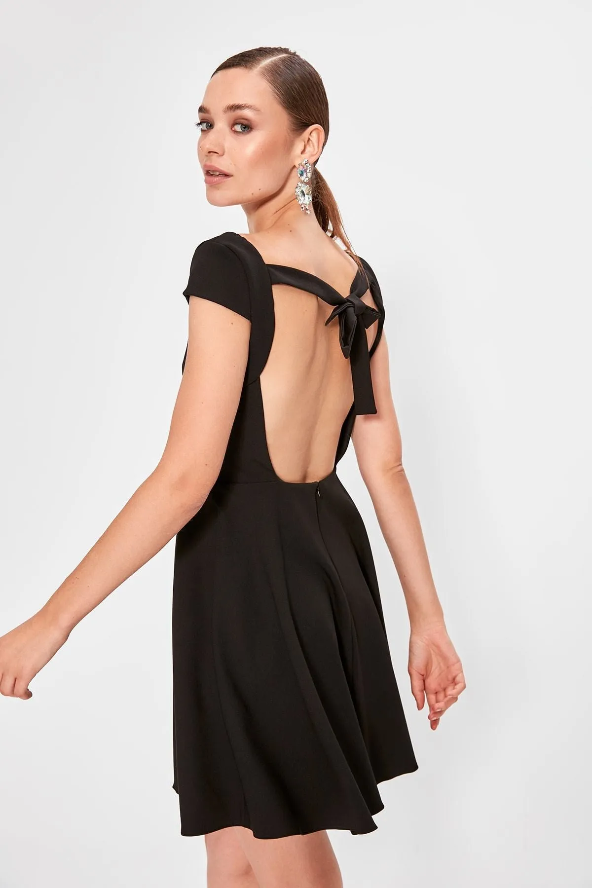 10865 Black Open Back Skater Dress