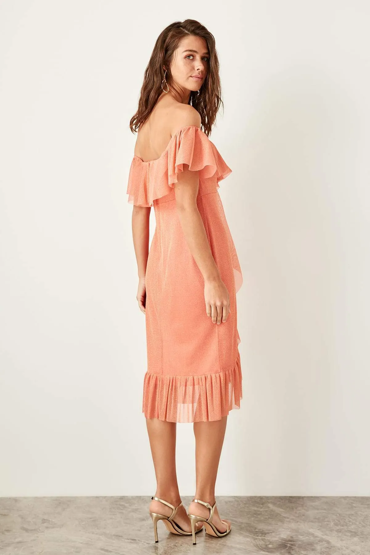 11659 Peach Off-Shoulder Tulle Dress