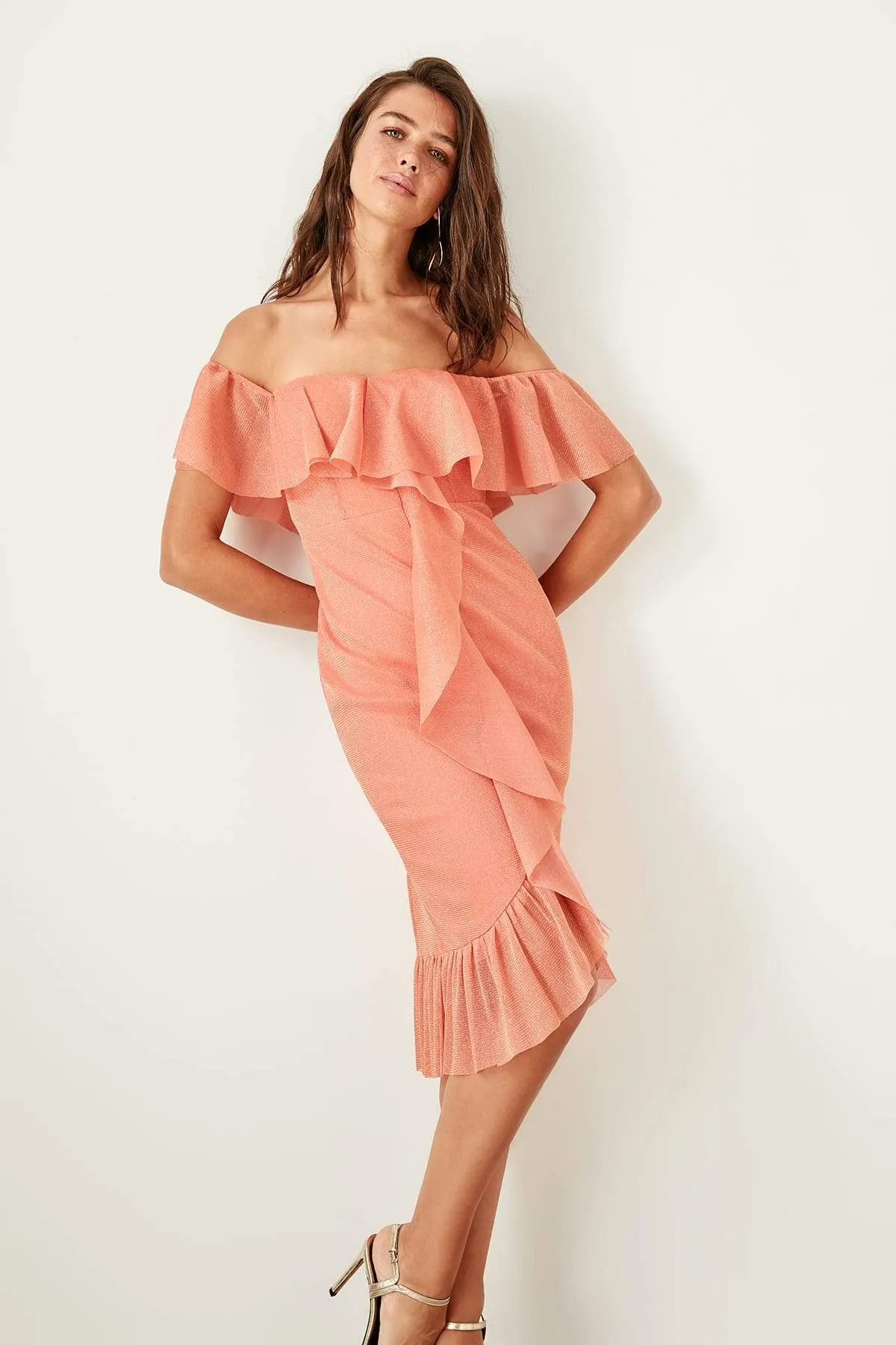 11659 Peach Off-Shoulder Tulle Dress