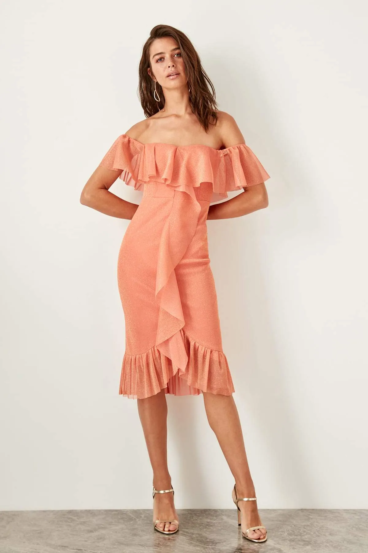 11659 Peach Off-Shoulder Tulle Dress