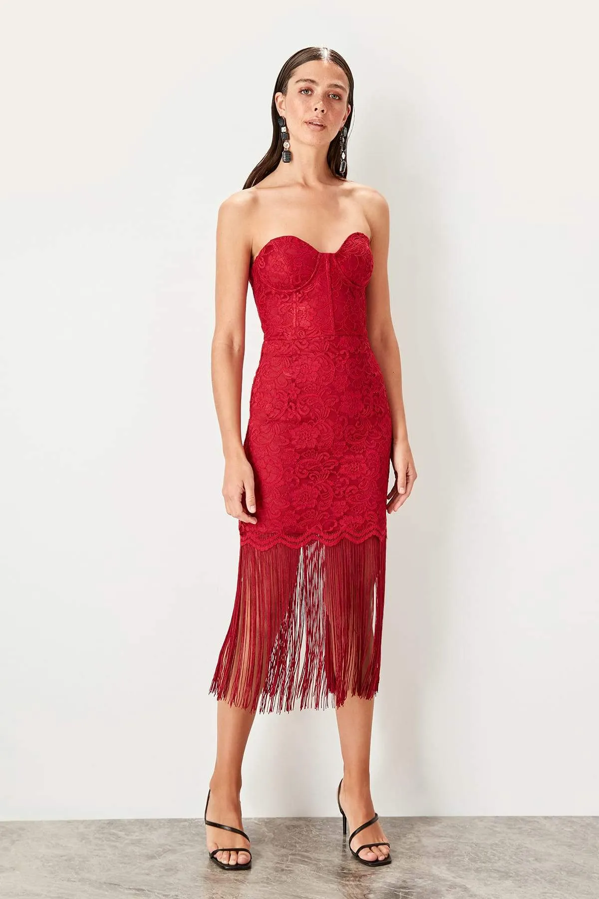 11677 Burgundy Strapless Tassel Lace Dress