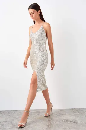 11695 Silver Back Strap Sequin Dress