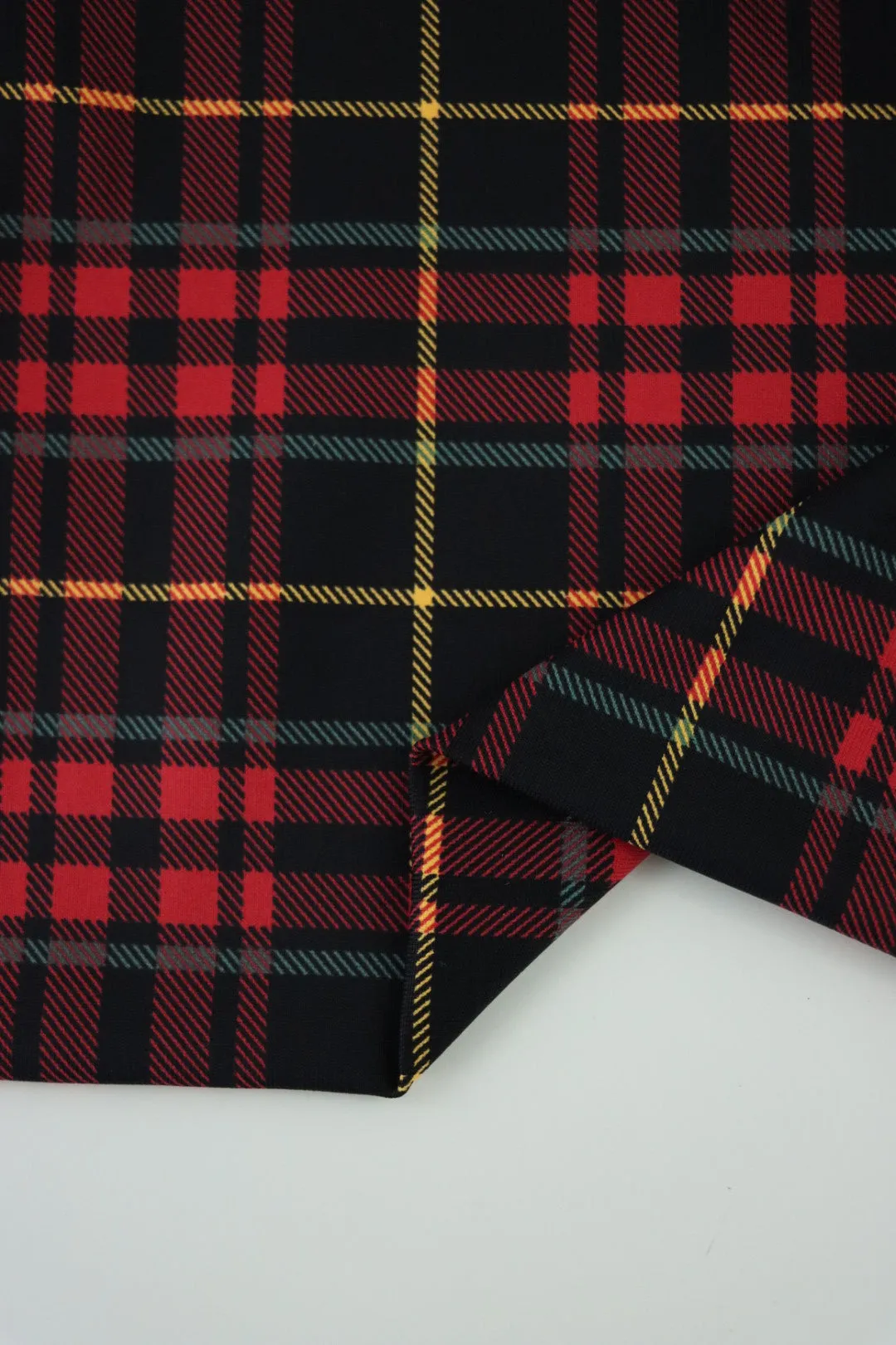 1YD PRECUT; Black/Ruby/Yellow/Hazy Mint Plaid Matte Nylon Spandex Tricot | Designer Deadstock