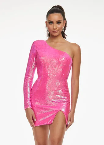 Ashley Lauren 4455 Size 4,8 Neon Pink Homecoming Cocktail Dress One Long Sleeve Slit