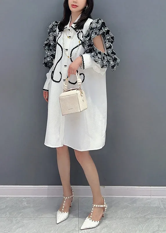 Beautiful White Peter Pan Collar Print Button Maxi Shirts Dresses Puff Sleeve LY4315