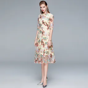 Beige Round Neck Half Sleeve A Line Floral Embroidered Slim Dress