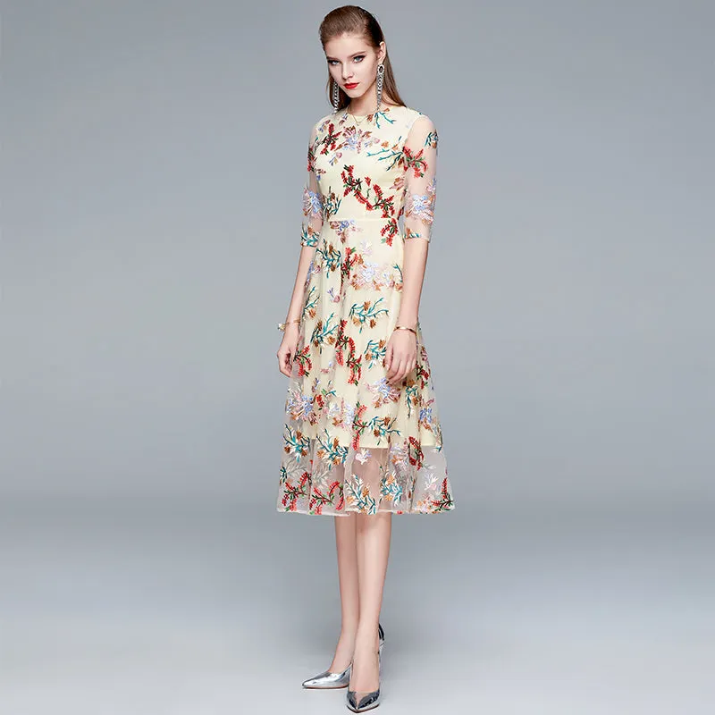 Beige Round Neck Half Sleeve A Line Floral Embroidered Slim Dress