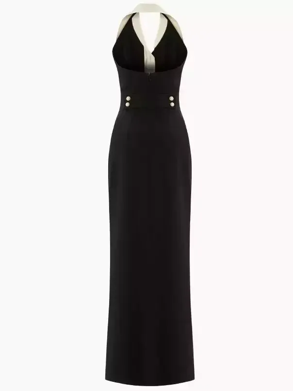 Bicolor Pearl-Button Sleeveless Maxi Dress