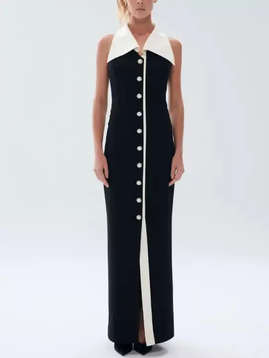 Bicolor Pearl-Button Sleeveless Maxi Dress