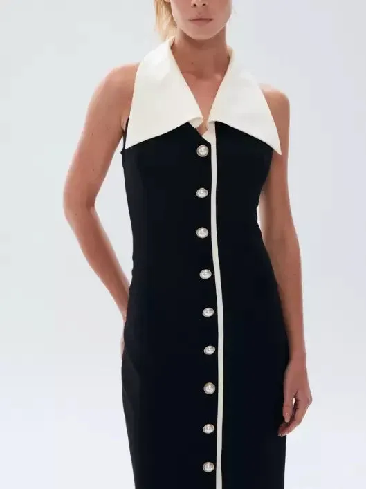 Bicolor Pearl-Button Sleeveless Maxi Dress