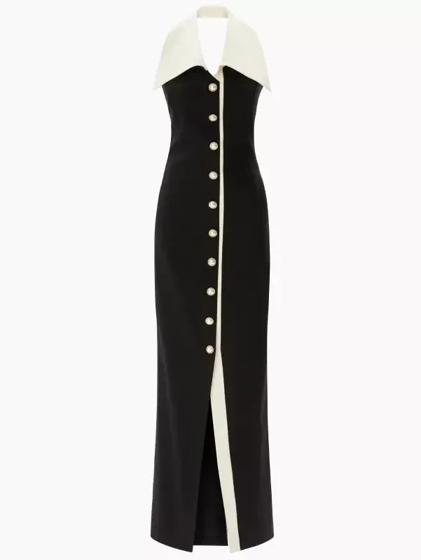 Bicolor Pearl-Button Sleeveless Maxi Dress