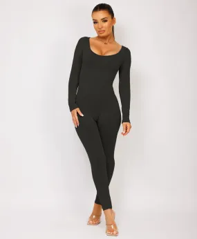 Black Elastic Ribbed Waist Round Neck Jumpsuit