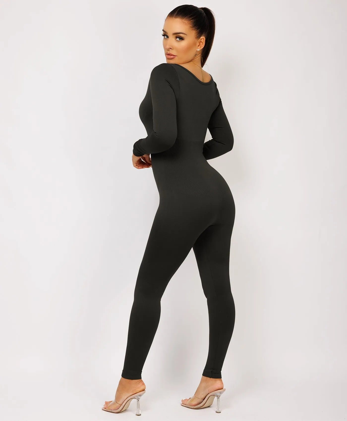 Black Elastic Ribbed Waist Round Neck Jumpsuit