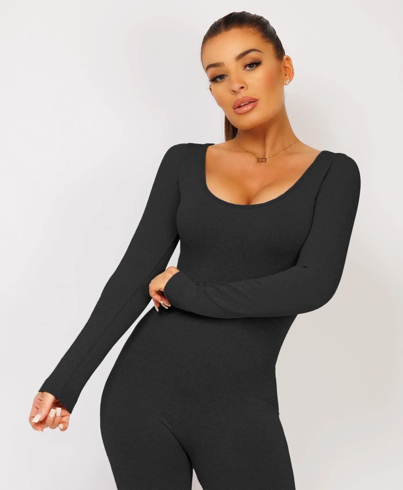 Black Elastic Ribbed Waist Round Neck Jumpsuit