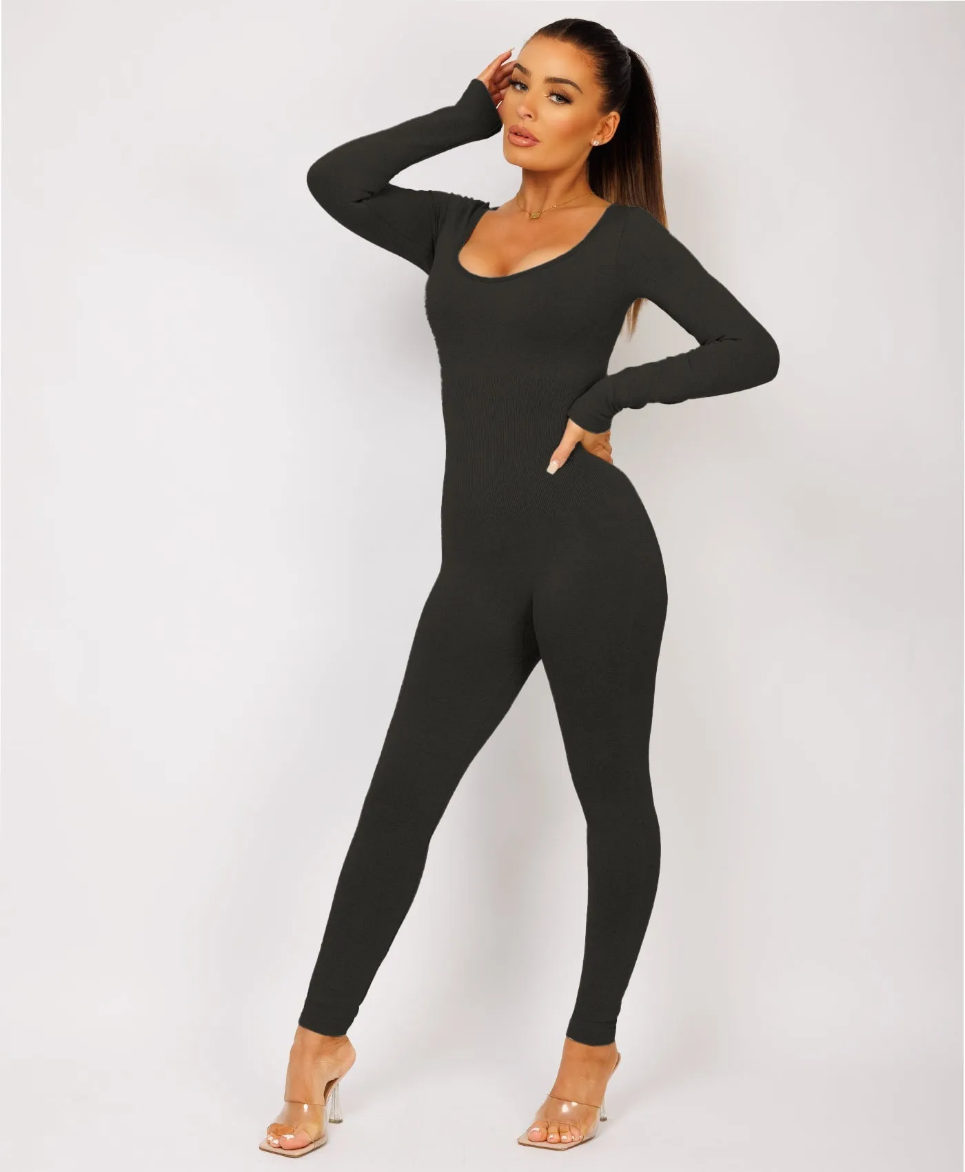 Black Elastic Ribbed Waist Round Neck Jumpsuit