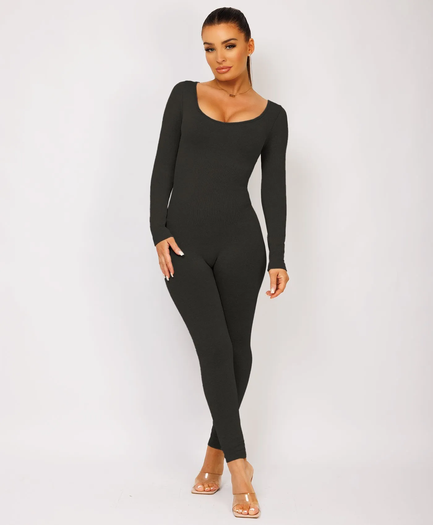 Black Elastic Ribbed Waist Round Neck Jumpsuit