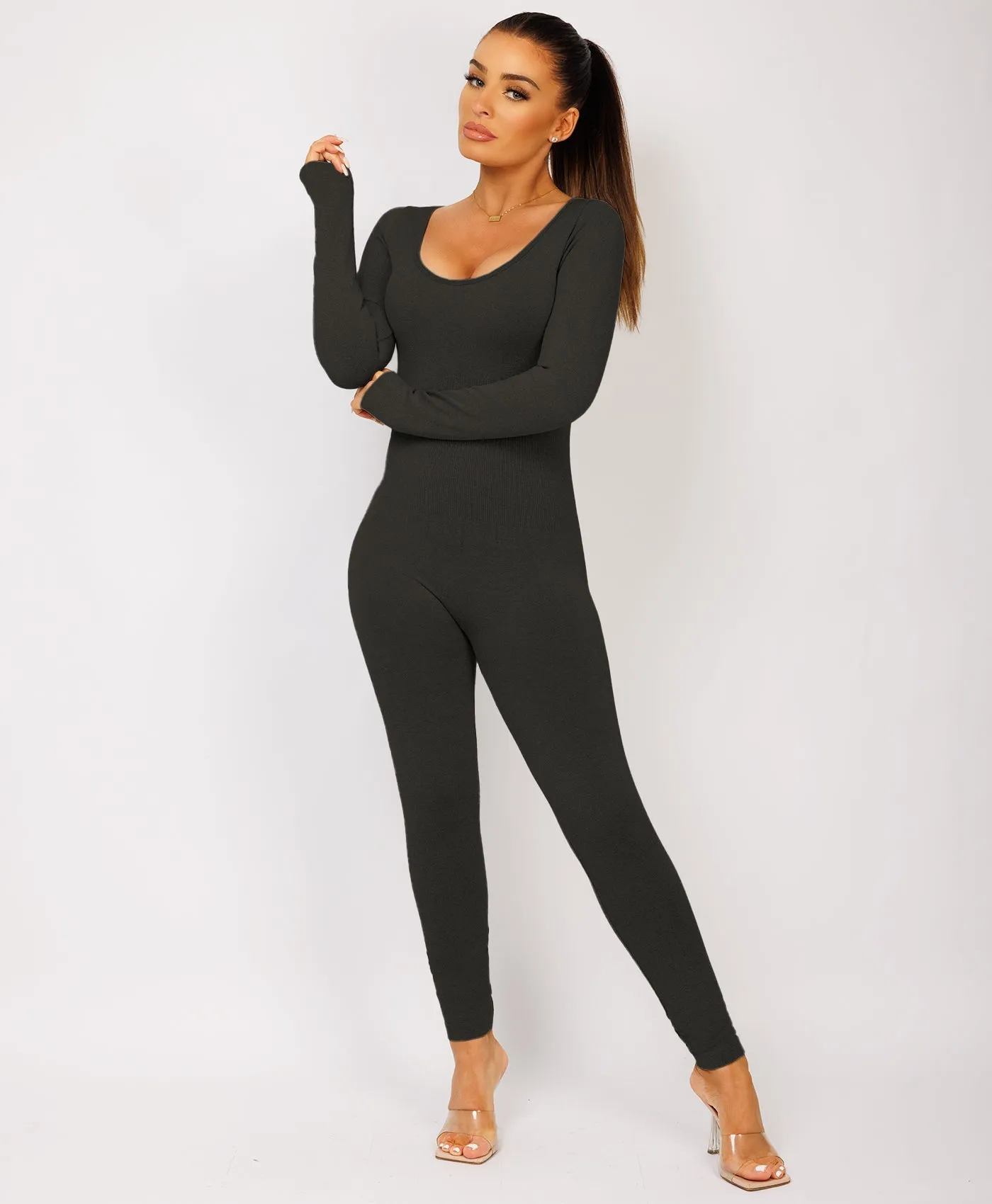 Black Elastic Ribbed Waist Round Neck Jumpsuit