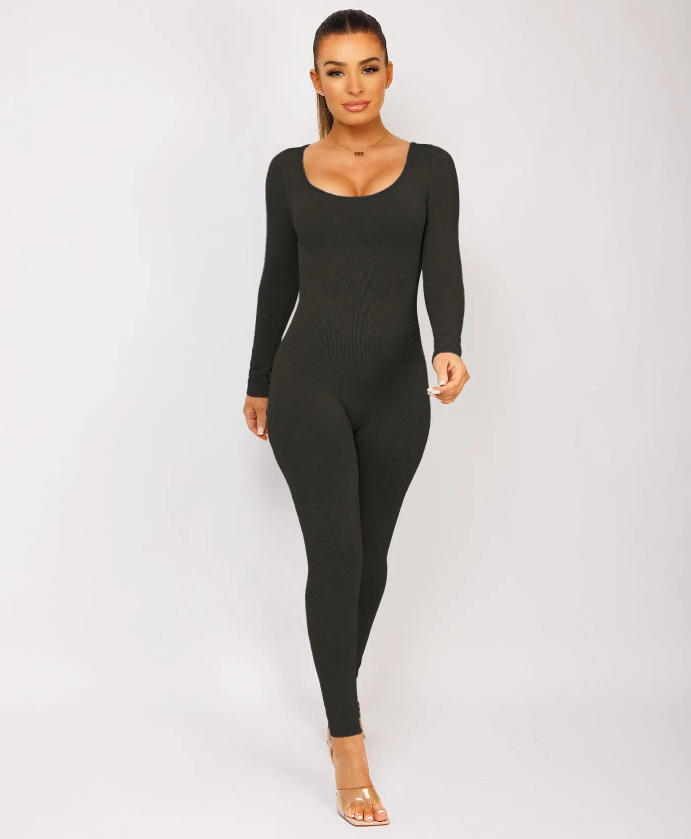 Black Elastic Ribbed Waist Round Neck Jumpsuit