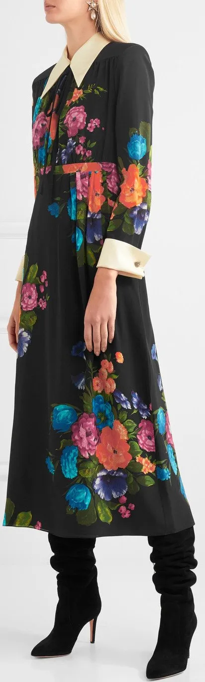 Black Floral Print Midi Dress