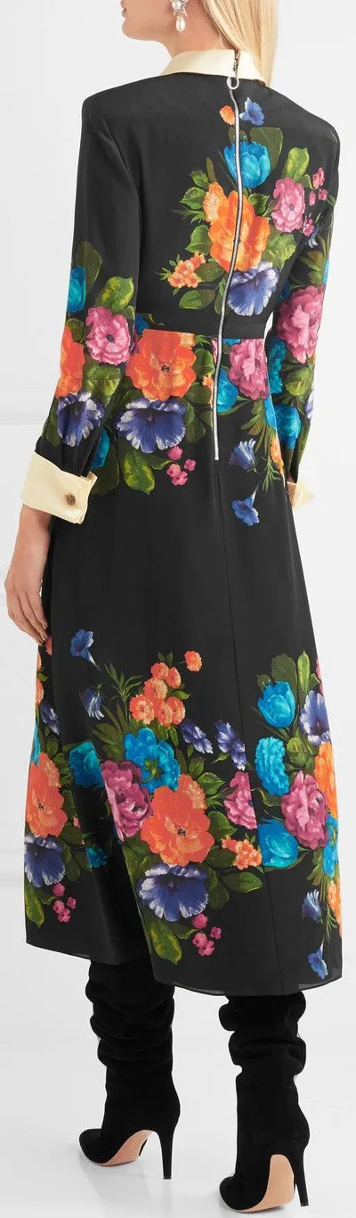 Black Floral Print Midi Dress