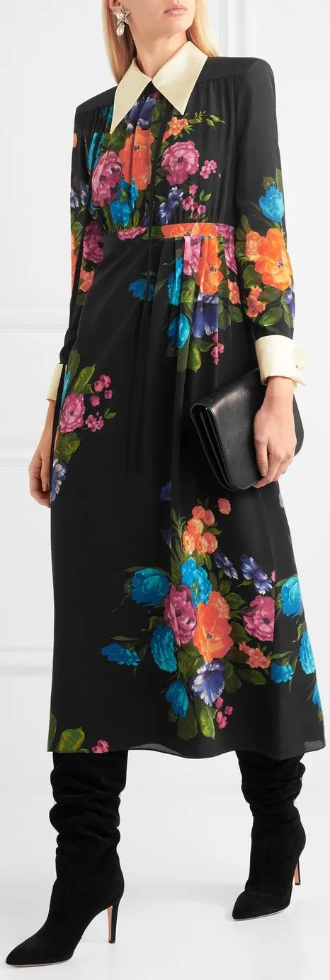 Black Floral Print Midi Dress