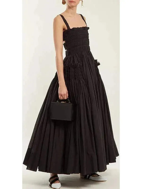 Black Gathered Smocked Maxi Dress