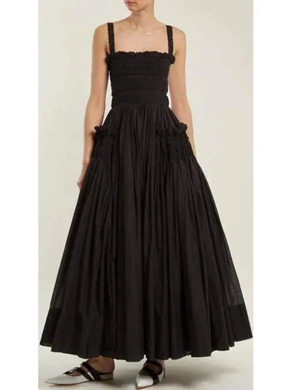 Black Gathered Smocked Maxi Dress