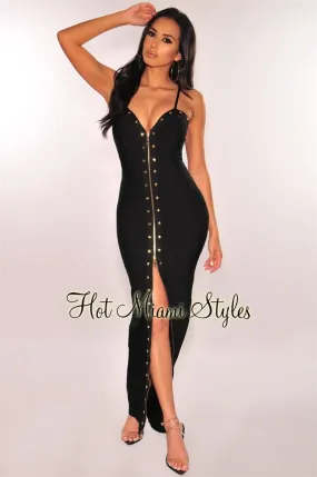 Black Gold Zipper Studded Bandage Maxi Dress