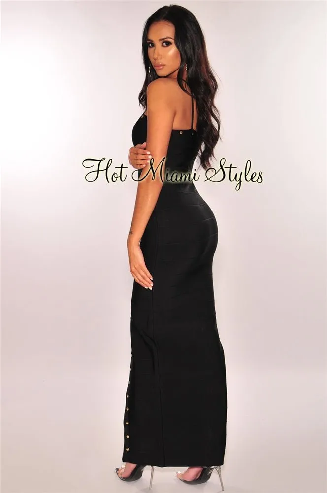 Black Gold Zipper Studded Bandage Maxi Dress