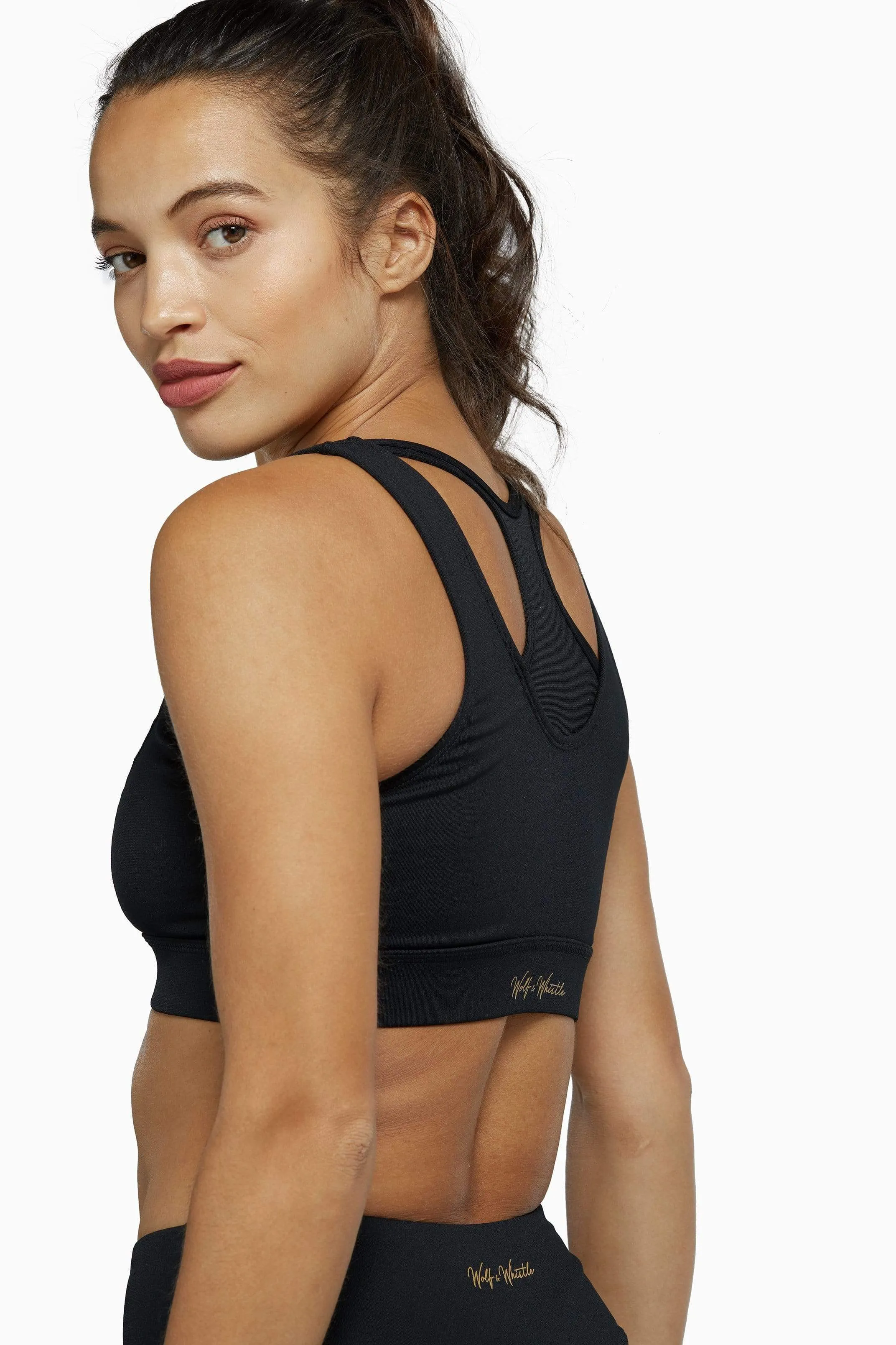 Black Mesh Panel High Neck Sports Bra