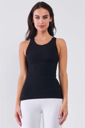 Black Sleeveless Round Neck Horizontal Pleated Detail Fitted Tank Top /3-3