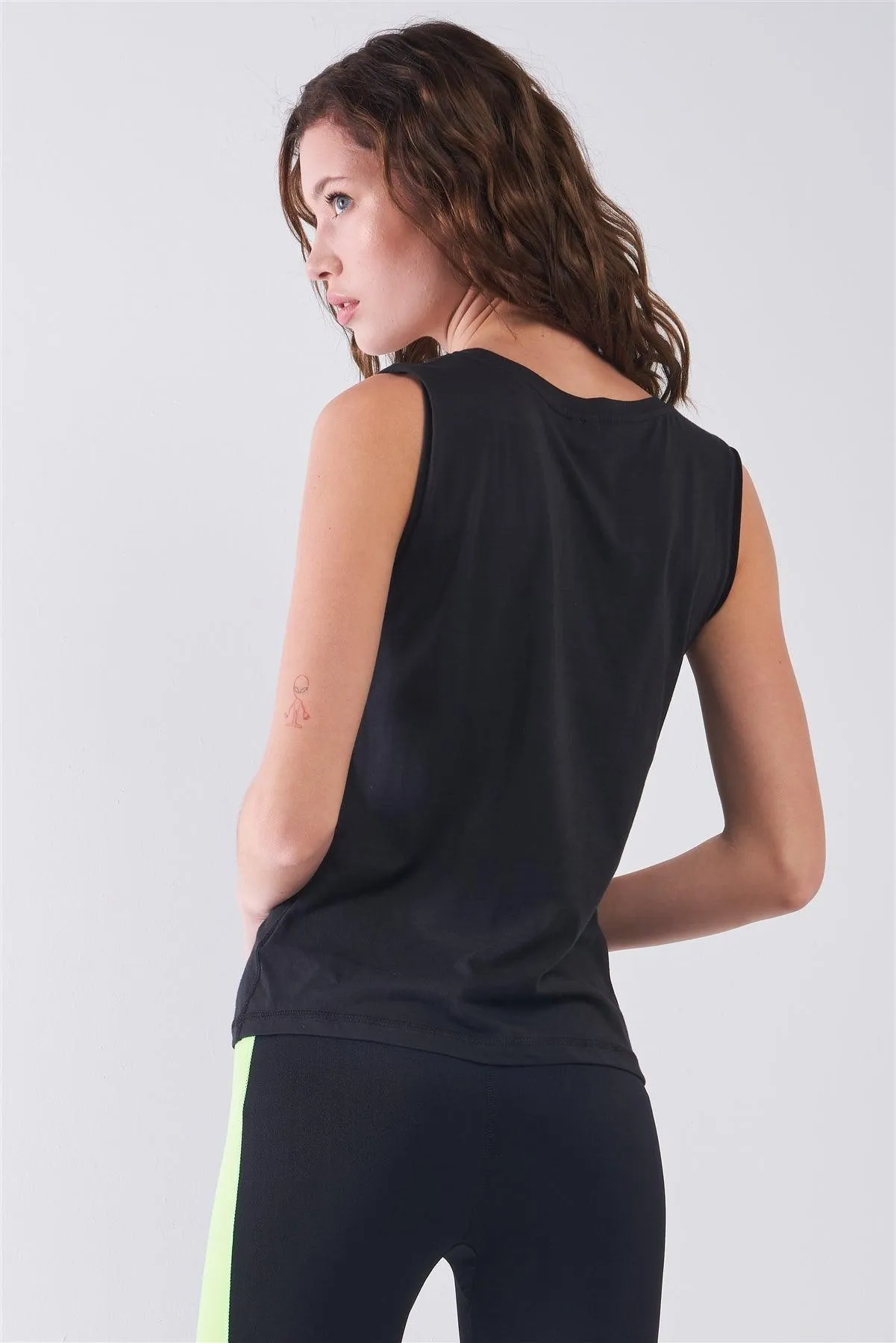 Black Solid Sleeveless Raw Hem Detail Round Neck Basic Tank Top /1-2-3-1