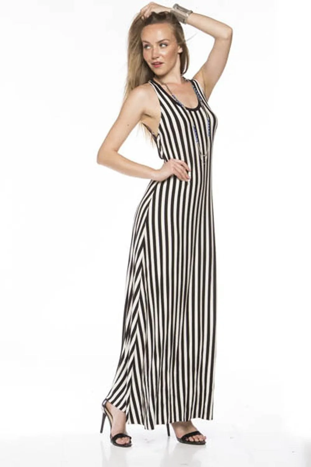 Black White Striped Design Open Back Long Maxi Dress U.S.A