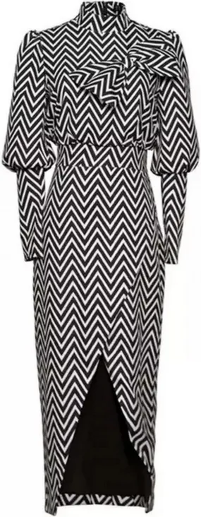 Chevron Puff-Sleeve Bow-Embellished Midi Dress