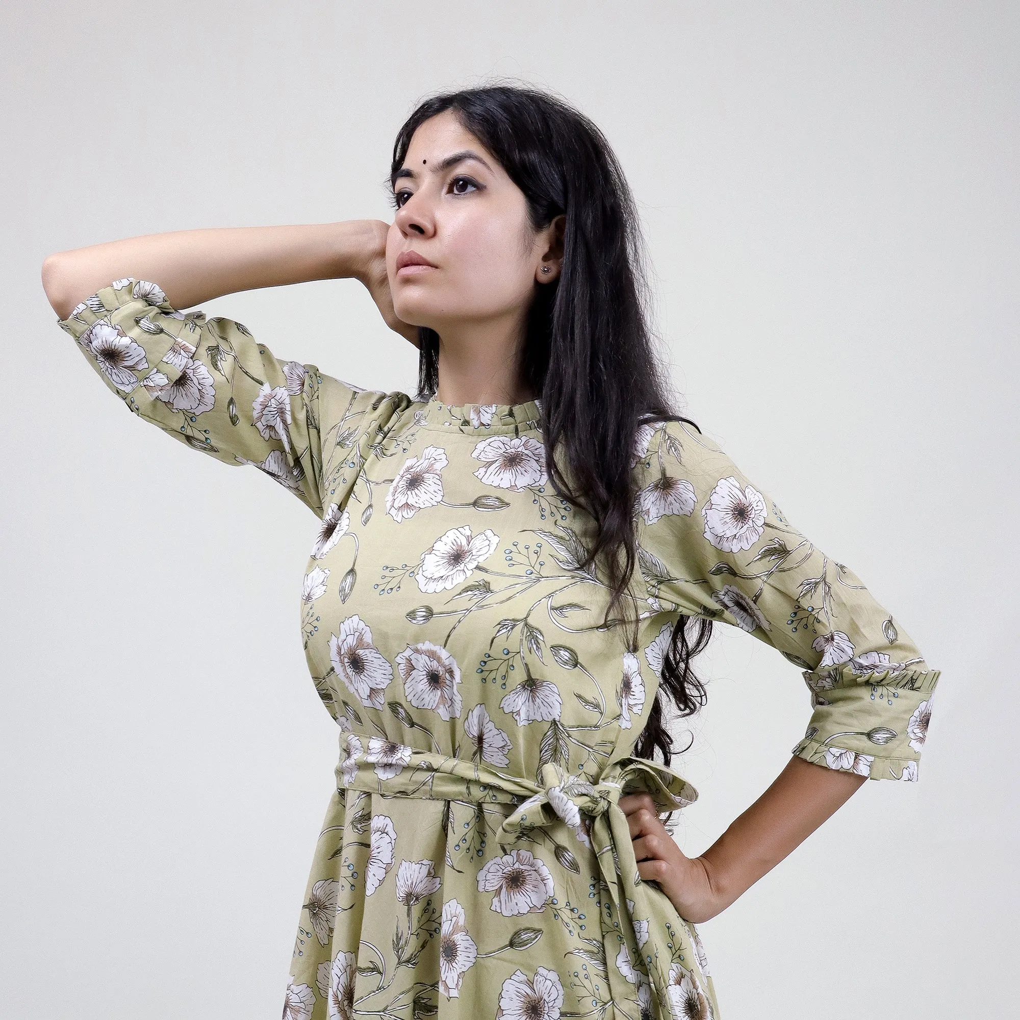 Cotton Hand Block Printed Green Midi Fancy Dress