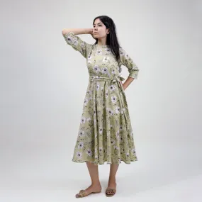 Cotton Hand Block Printed Green Midi Fancy Dress