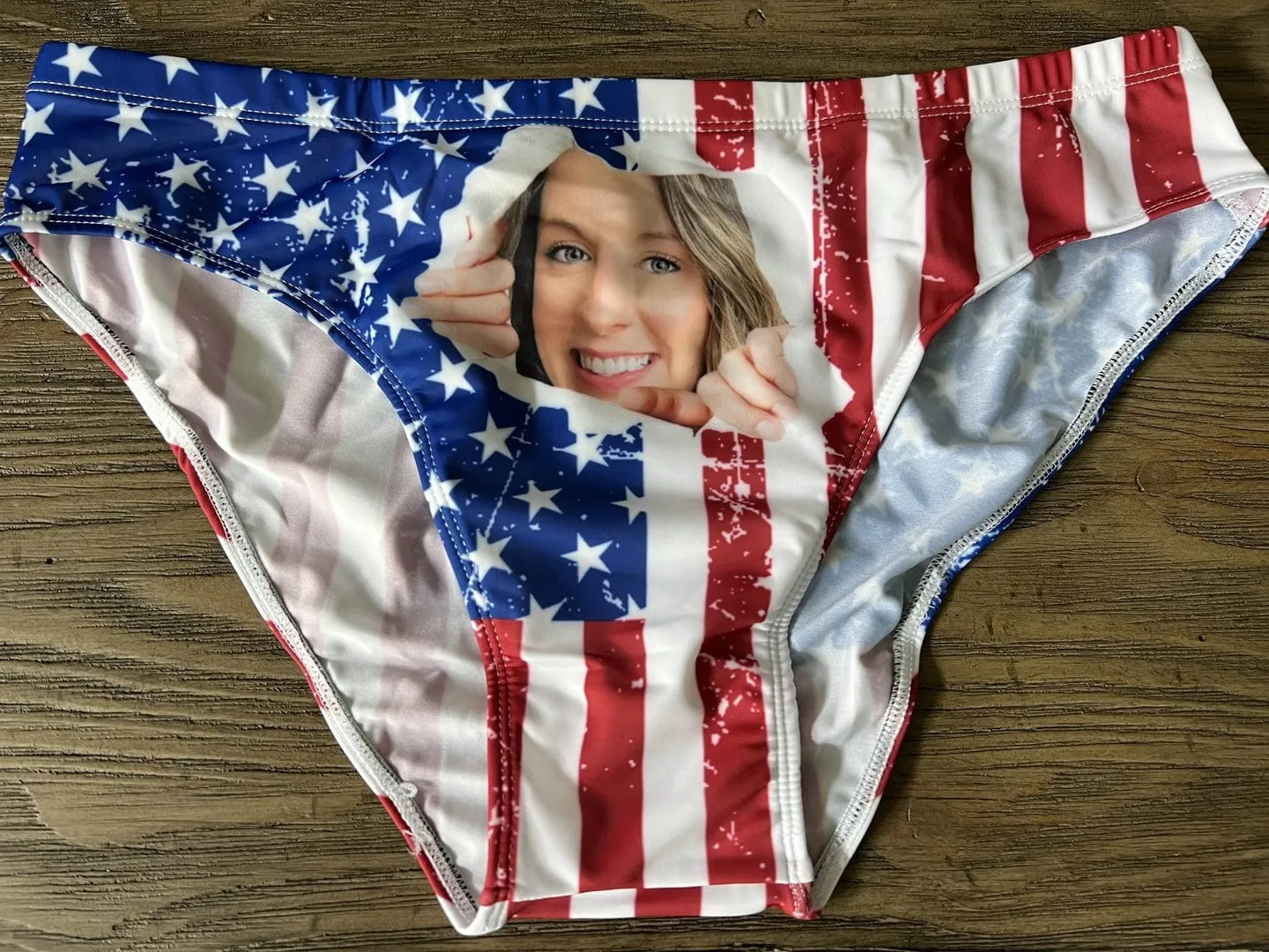 #Couple Matching Swimwear Custom Big Face American Flag Triangle Swim Briefs Side Tie Bikini Swimsuit Bottom Personalized Flag Bathingsuit #Independence Day# Celebrate Holiday Party