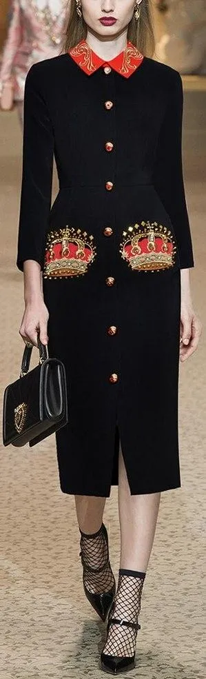 Crown-Embroidered Midi Dress