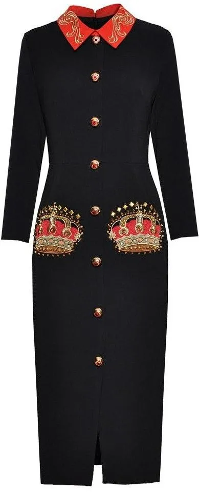 Crown-Embroidered Midi Dress