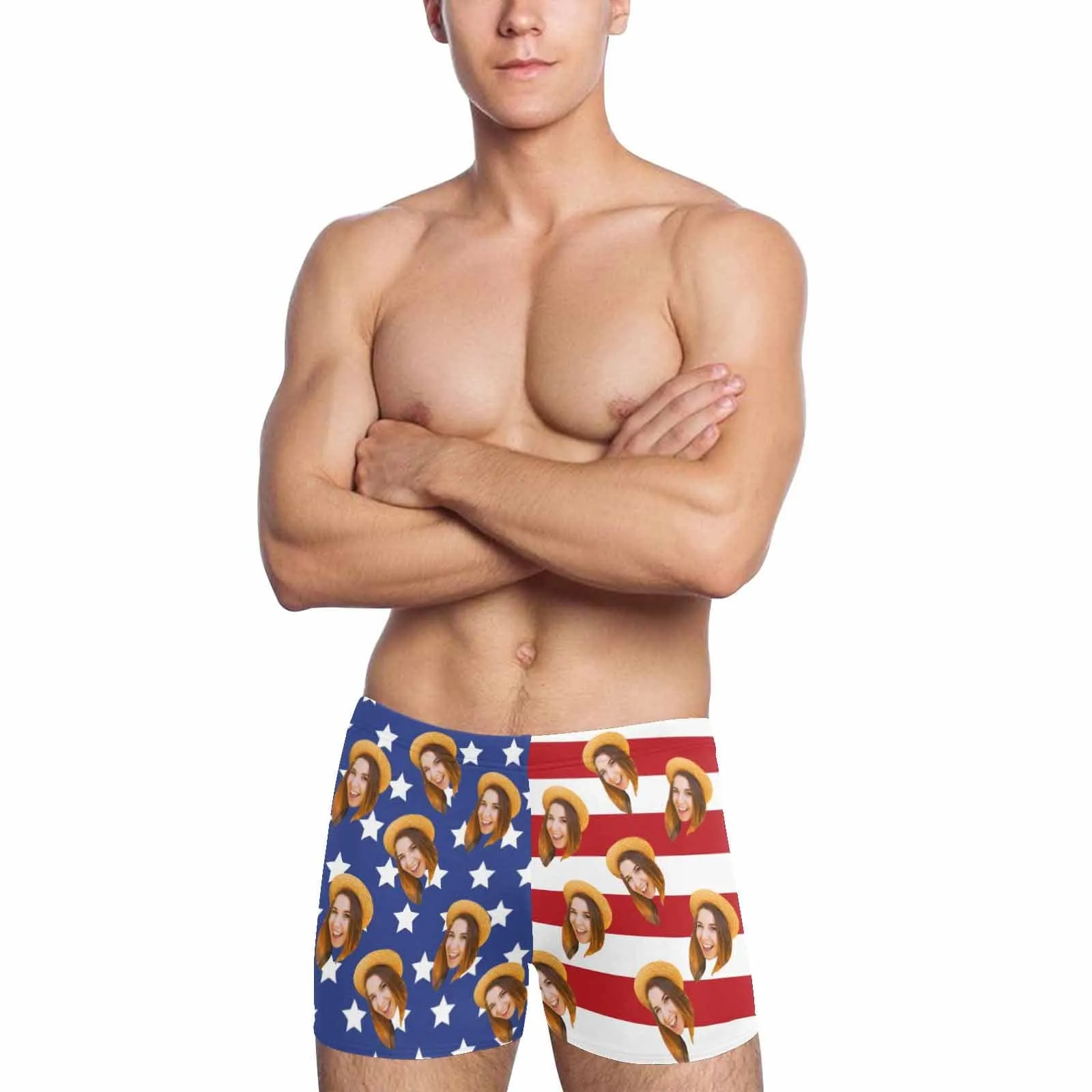 Custom Face American Flag Men's Athletic Swim Jammers Quick Dry Waterproof Compression Square Leg Swim Briefs Swimsuit