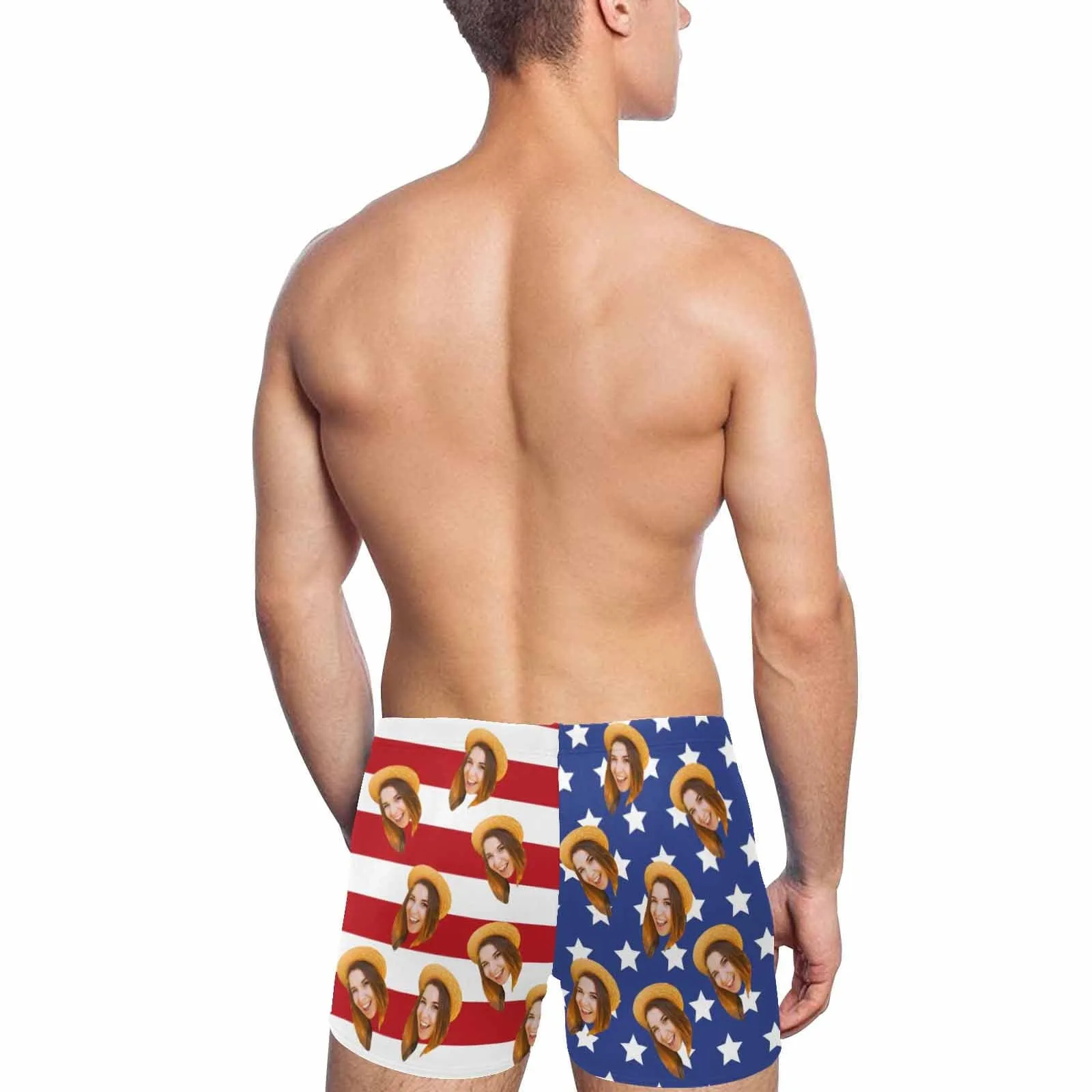 Custom Face American Flag Men's Athletic Swim Jammers Quick Dry Waterproof Compression Square Leg Swim Briefs Swimsuit