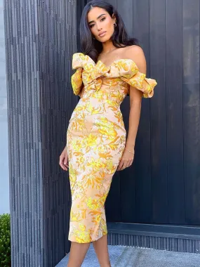 Elegant Jacquard Dresses for Women Wedding Party Dress Bodycon Yellow Sexy Off Shoulder Evening Birthday Club Outfits Summer