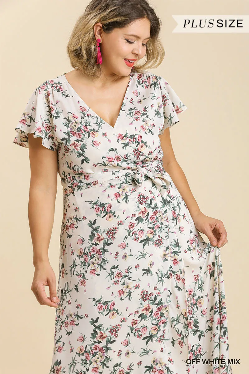 Floral Print Wrapped Short Ruffle Sleeve Maxi Dress With No Lining Voluptuous ( ) Plus Size - Ships from The USA