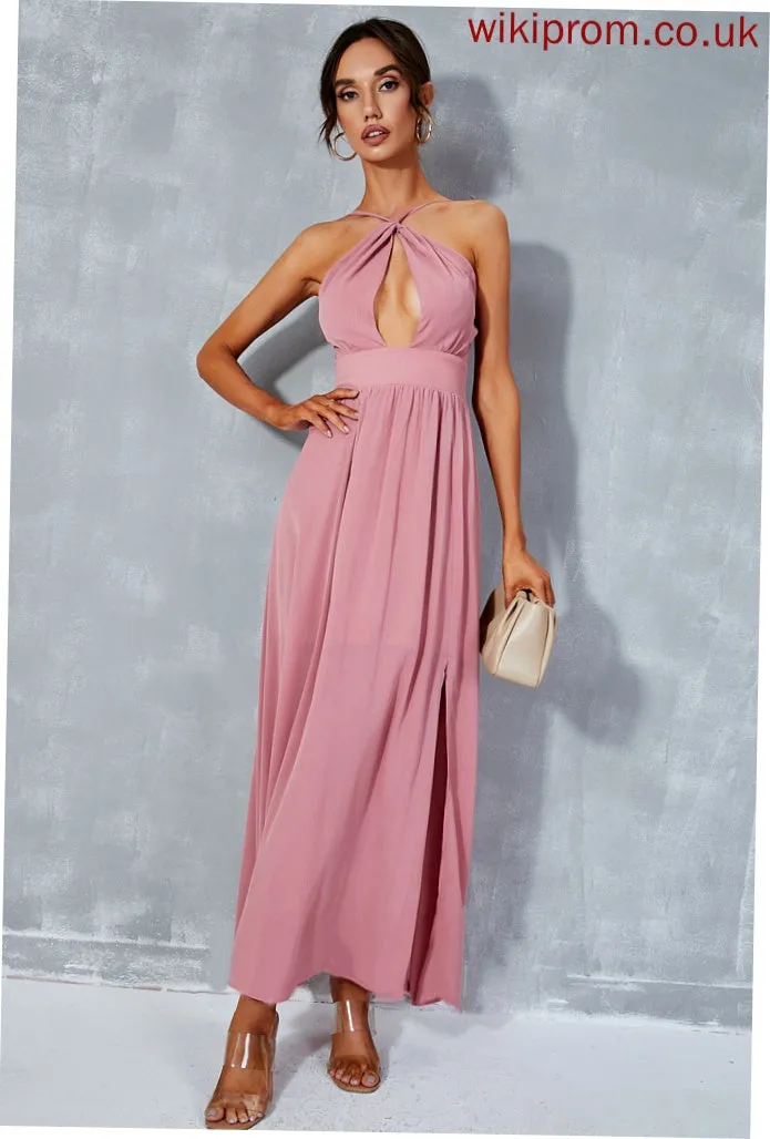 Front Split Savanah A-line Dresses Club Dresses Halter Chiffon Elegant Sleeveless Midi