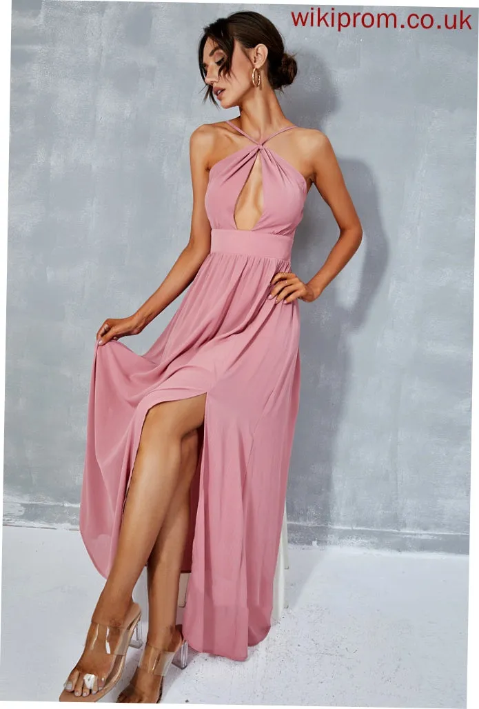 Front Split Savanah A-line Dresses Club Dresses Halter Chiffon Elegant Sleeveless Midi